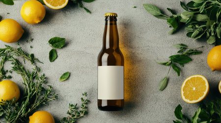 A bottle sits centrally on a textured surface, surrounded by fresh lemons and herbs, creating a vibrant, natural aesthetic.の素材