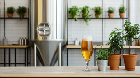 A glass of golden beer sits on a wooden table, surrounded by potted plants and a brewing tank in a modern brewery setting.の素材