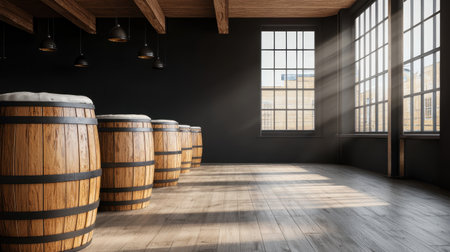 A spacious room featuring wooden barrels, large windows letting in natural light, and a warm, rustic atmosphere.の素材