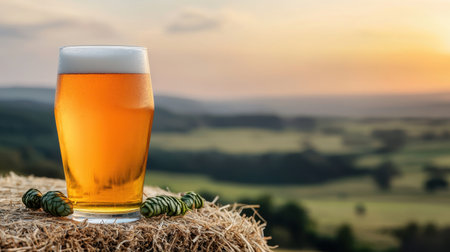 A refreshing glass of beer sits on hay, with a picturesque countryside sunset in the background, highlighting the serene beauty of nature.の素材