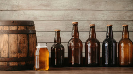 A rustic display featuring a wooden barrel alongside various beer bottles on a wooden surface, evoking a cozy, brewery-like atmosphere.の素材
