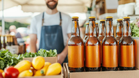 A vibrant market scene featuring a vendor with bottles of beverage and fresh produce, highlighting a farm-to-table experience.の素材