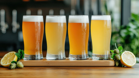 Four glasses of craft beer in varying shades, displayed on a wooden board with lemon slices and hops, showcasing a refreshing beverage experience.の素材