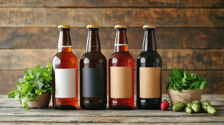 Four beer bottles with varying colors and labels are displayed against a rustic wooden background, accompanied by fresh herbs and hops.の素材