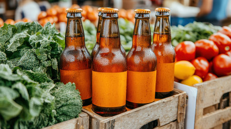 A vibrant market scene featuring bottles of beverage alongside fresh vegetables and fruits, showcasing a blend of natural produce and bottled drinks.の素材
