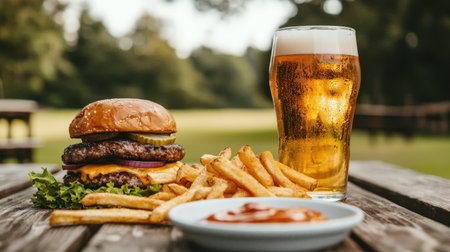 A delicious burger with cheese, fries, and a glass of beer served on a rustic table, set against a lush outdoor background.の素材