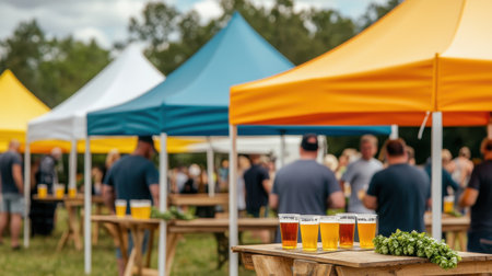A vibrant outdoor gathering featuring colorful tents, people socializing, and various craft beers displayed on wooden tables.の素材