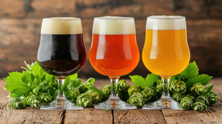 Three varieties of beer displayed in elegant glasses, surrounded by fresh hops and greenery, showcasing rich colors and textures.の素材