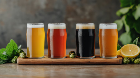 A wooden board displays four glasses of various beer types surrounded by hops and a lemon slice, showcasing a vibrant beer tasting experience.の素材