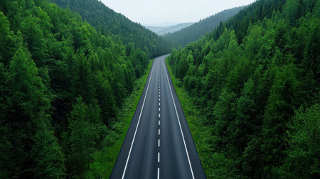 A serene, winding road stretches through lush green forests, offering a peaceful escape into nature's beauty.の素材