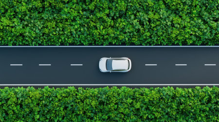 Aerial view of a white car driving on a road surrounded by lush green foliage, highlighting nature and transportation.の素材