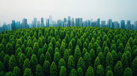 A lush green forest contrasts with a skyline of modern buildings, highlighting the blend of nature and urban development.の素材