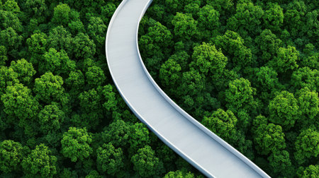 A winding road runs through lush green trees, creating a scenic view of nature's beauty and tranquility.の素材