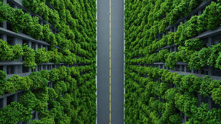 A vertical farm corridor filled with vibrant green plants, showcasing a modern approach to indoor agriculture and sustainable food production.の素材