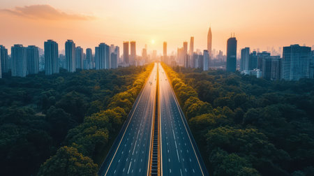 A stunning cityscape at sunset, showcasing a long road flanked by greenery and towering skyscrapers, creating a vibrant, serene atmosphere.の素材