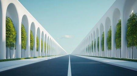 A serene perspective view of a long road flanked by elegant arches and trees under a clear blue sky.の素材