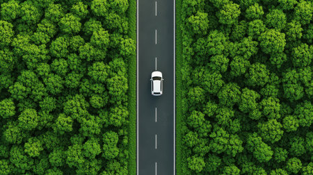 Aerial view of a white car driving on a road flanked by lush green forests, highlighting nature and travel.の素材