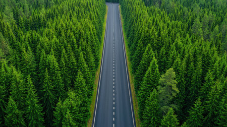 A serene aerial view of a straight road surrounded by lush green forests, inviting adventure and exploration through nature.の素材