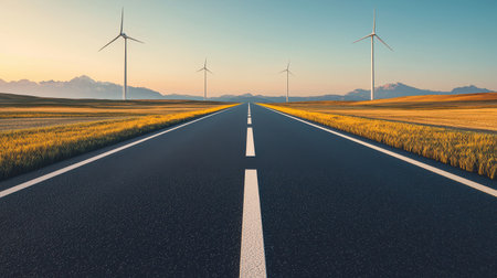 A serene road stretches toward mountains, flanked by wind turbines, showcasing a blend of nature and renewable energy under a clear sky.の素材