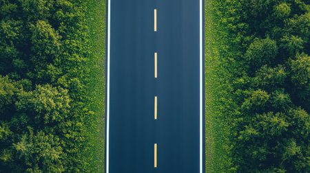 A serene aerial view of a straight road flanked by lush greenery, inviting exploration and adventure.の素材