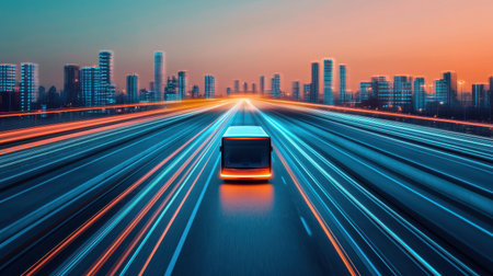 A dynamic urban scene featuring a bus speeding along a highway, with glowing light trails and a city skyline at sunset.の素材