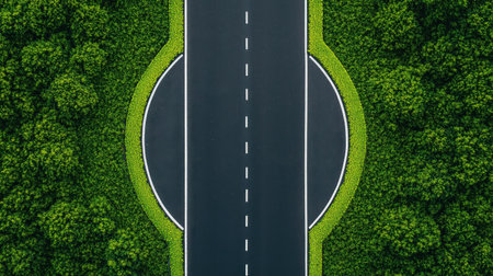 A top-down view of a circular road surrounded by lush greenery, highlighting a perfect blend of nature and infrastructure.の素材