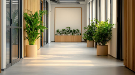 A serene hallway features tall plants in modern pots, large windows allowing natural light, and a minimalist design emphasizing tranquility.の素材