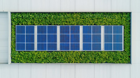 Aerial view of solar panels installed on a green roof, showcasing eco-friendly energy solutions integrated with nature.の素材