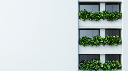 A modern building facade featuring multiple windows adorned with vibrant green plants in window boxes against a light-colored wall.の素材
