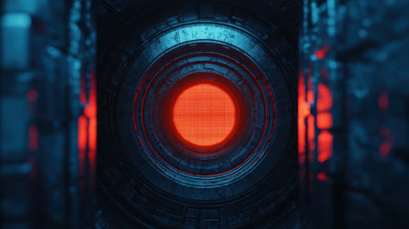 A close-up view of a futuristic circular device with a glowing red center, surrounded by dark metallic textures and intricate patterns.の素材
