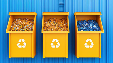 Three yellow recycling bins filled with waste, set against a blue wall, promoting eco-friendly disposal and recycling practices.の素材