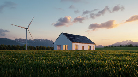 A modern house with solar panels stands in a green field, beside a wind turbine, under a picturesque sky at sunset.の素材