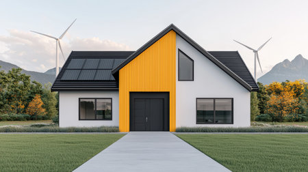A modern house with a bold yellow accent, surrounded by greenery and wind turbines, showcasing eco-friendly architecture against a mountain backdrop.の素材