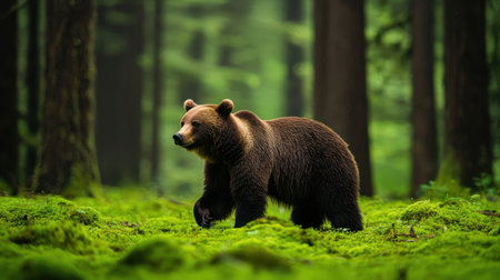 A majestic bear wanders through a lush green forest, surrounded by vibrant moss and towering trees, embodying the beauty of wildlife in its natural habitat.の素材