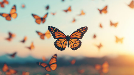 A serene scene of butterflies fluttering in a warm sunset, embodying beauty, nature, and freedom.の素材