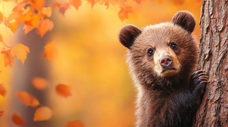 A curious bear cub clings to a tree amidst vibrant autumn leaves, showcasing the beauty of nature in a serene forest setting.の素材