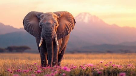 A majestic elephant stands in a vibrant field of flowers, with mountains in the background, illuminated by a warm sunset.の素材