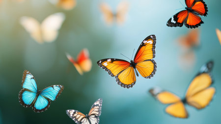 A vibrant scene of colorful butterflies fluttering in a soft, blurred background, showcasing their beauty and diversity in nature.の素材