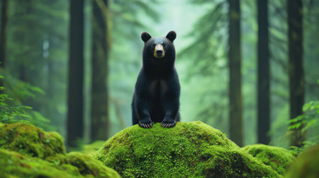 A black bear sits majestically on a moss-covered rock in a lush, green forest, surrounded by towering trees and soft natural light.の素材