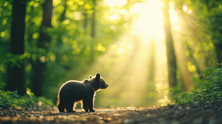 A bear stands in a sunlit forest, surrounded by tall trees, as golden rays of light break through the foliage, creating a serene and magical atmosphere.の素材
