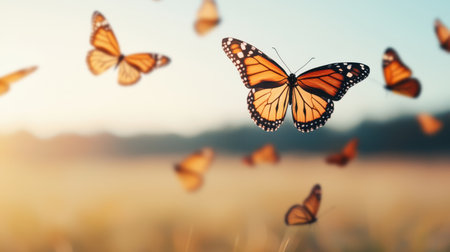 A vibrant scene of Monarch butterflies fluttering in a sunlit field, showcasing their delicate beauty and grace in nature.の素材