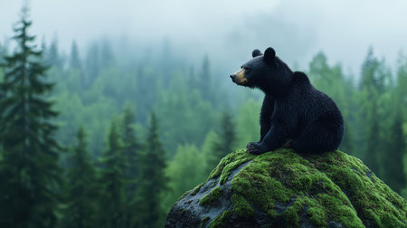 A black bear sits on a moss-covered rock, surrounded by a misty forest of green trees, creating a serene, natural atmosphere.の素材