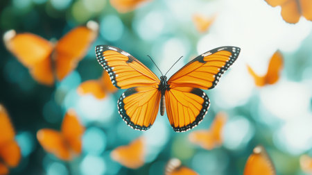 A vibrant butterfly surrounded by a flurry of orange butterflies, creating a beautiful and colorful scene in a soft, blurred background.の素材