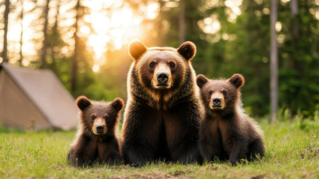Three bears, including a large adult and two cubs, sit together in a lush green forest as the sun sets in the background, creating a serene atmosphere.の素材