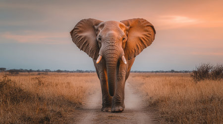 A majestic elephant walks down a dusty path, framed by golden grasslands under a vibrant sunset sky.の素材