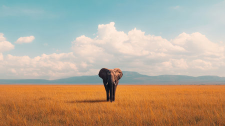 A majestic elephant stands alone in a vast golden field under a clear blue sky, surrounded by soft clouds and distant mountains.の素材