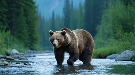 A majestic brown bear stands in a serene river, surrounded by lush greenery and misty mountains, capturing the beauty of nature.の素材