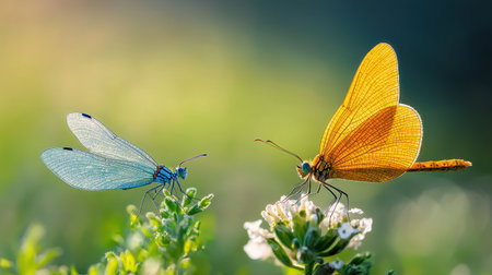 Two colorful butterflies, one blue and one orange, gracefully perched on flowers in a lush green environment.の素材