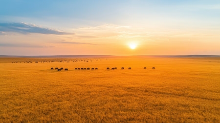 A picturesque sunset over a golden landscape, featuring a herd of cattle grazing peacefully in the vast open field.の素材