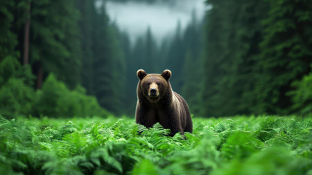 A majestic bear stands in a lush green forest, surrounded by ferns, with towering trees and a misty backdrop, embodying the beauty of wildlife.の素材
